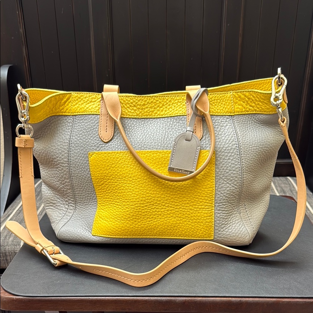 Cole Haan Gray with Yellow Trim Pebbled Leather Tote